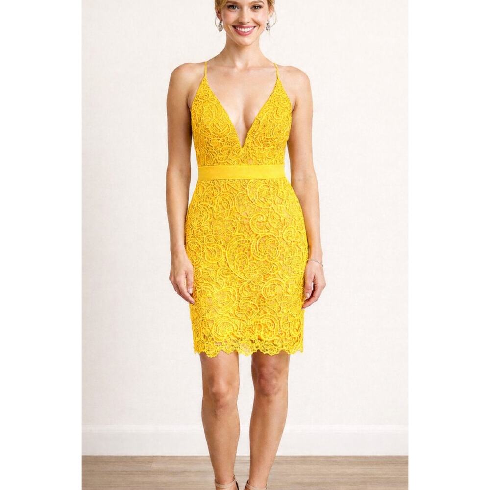 Dress the Population Yellow Embroidered Dress - Size L